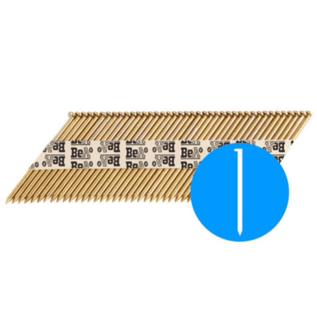 BeA D34 paper collated nails, 90 mm smooth shank, 34° D-head, bright steel for framing and construction applications.