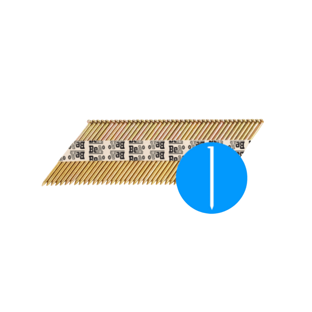 BeA D34 paper collated nails, 90 mm smooth shank, 34° D-head, bright steel for framing and construction applications.