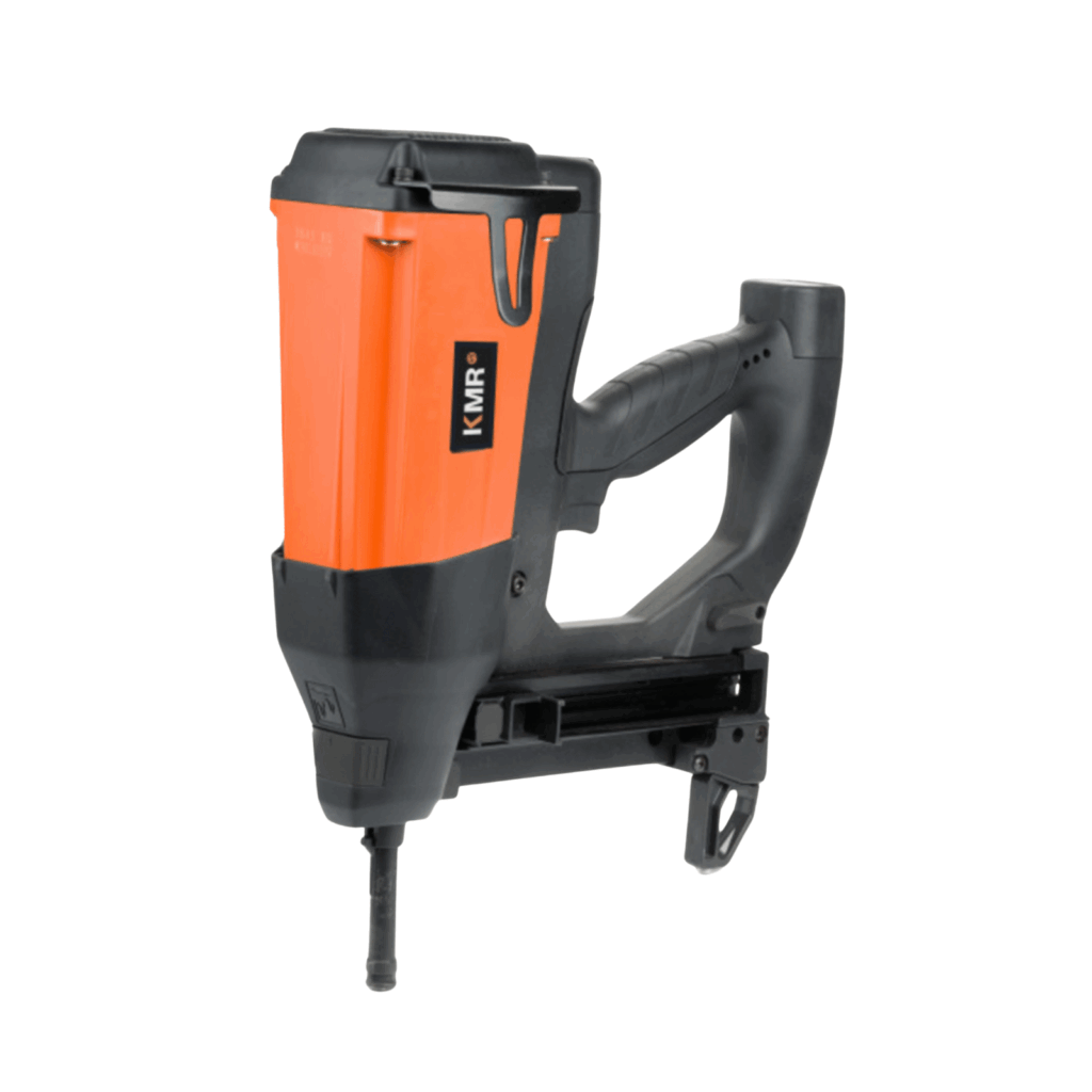 KMR CN40-G643E gas-powered concrete nailer with Li-Ion battery, 2.6–3.0 mm nail diameter, 15–40 mm length, adjustable depth, and support base for precision fastening.
