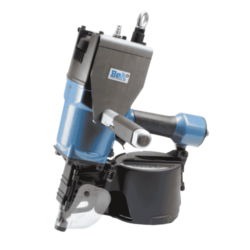 BeA 102DC Two-Hands pneumatic coil nailer with extra front handle and side exhaust, large coil magazine (16°) shown — drives 2.5–3.8 mm nails in 50–100 mm lengths for pallets, packaging and prefab framing — Air Gun Services NZ