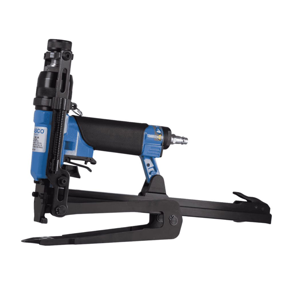 Fasco F1B 777-16A pneumatic carton plier stapler with deep 175 mm throat and 130-shot bottom-loading magazine; fires 777 8–16 mm staples for carton closing — Air Gun Services NZ