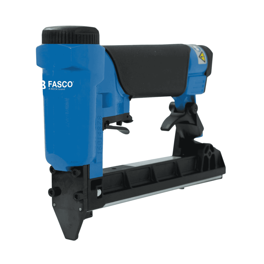 Fasco F1B 97B-19 fine-wire pneumatic stapler with slim nose and 150-shot bottom-loading magazine, firing ultra-narrow 97B 6–19 mm staples (4.6 mm crown) for upholstery & trim — Air Gun Services NZ