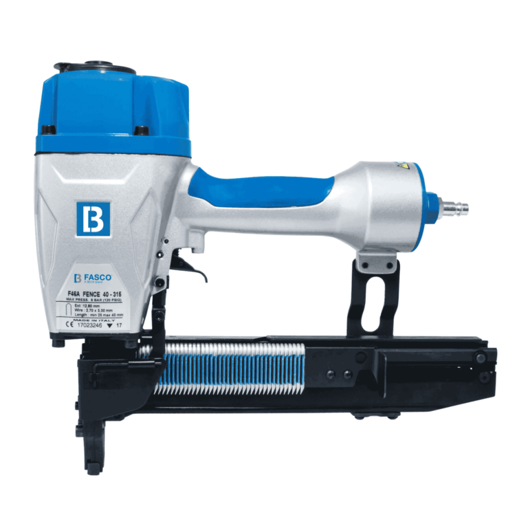 Fasco F46A pneumatic fence stapler with safety nose and bottom-loading magazine, drives 25–45 mm U-staples to fix wire mesh to timber posts — Air Gun Services NZ