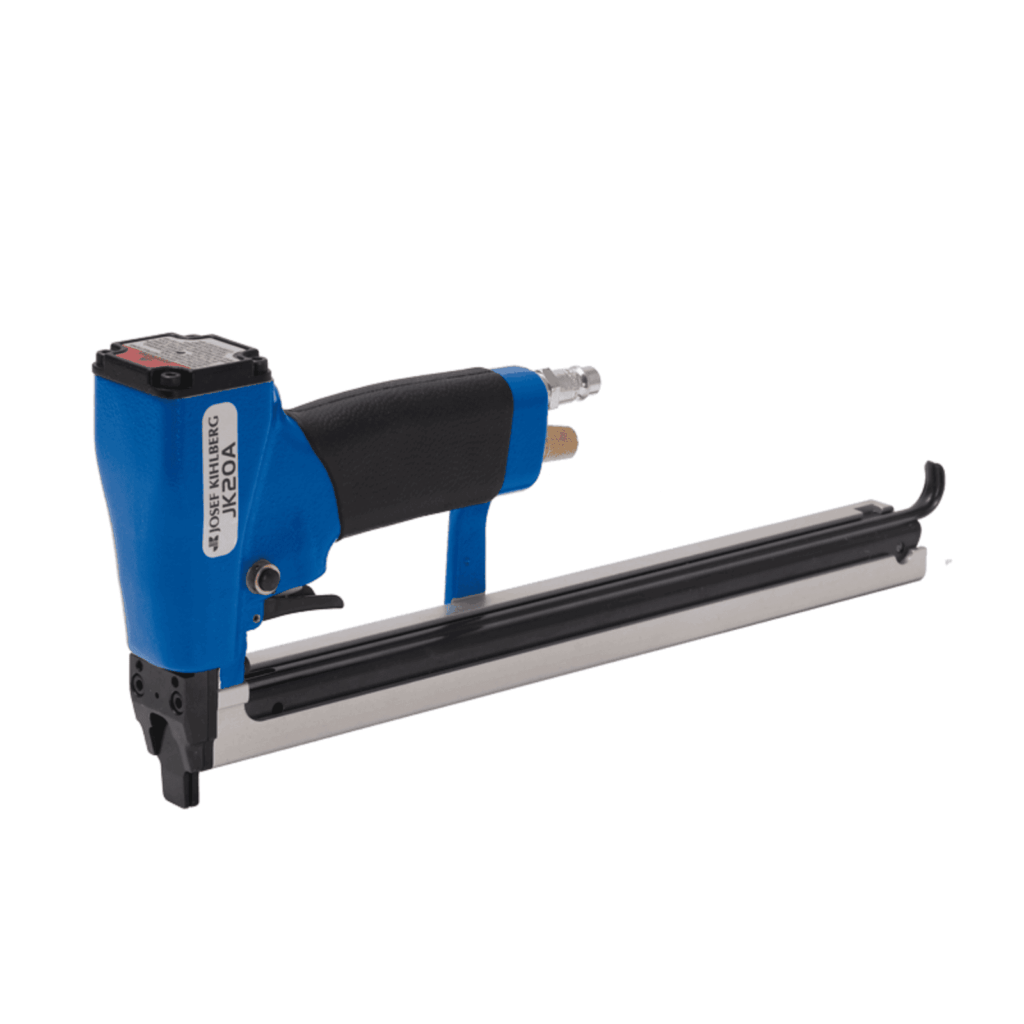 Product photo of the Josef Kihlberg JK20A670L automatic fine-wire pneumatic stapler with long magazine and slim nose — drives JK670 6–12mm staples for upholstery, cabinetry and bench work — Air Gun Services NZ