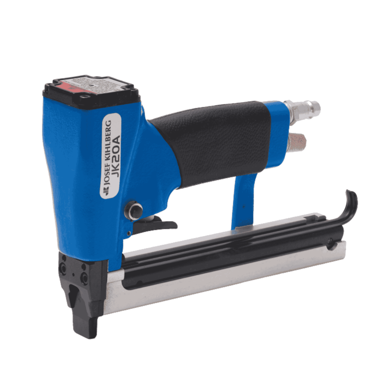 Studio photo of the Josef Kihlberg JK20A680 automatic pneumatic stapler with top-loading magazine and slim nose; drives JK680 fine-wire staples (6–14mm) for upholstery and furniture assembly — Air Gun Services NZ