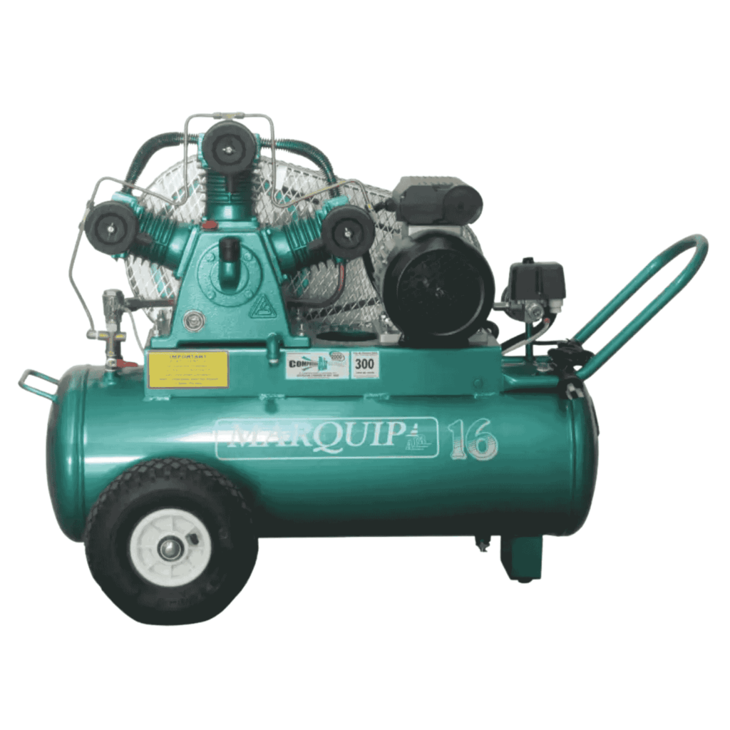 Hindin Marquip Industrial 16 belt-drive air compressor with pneumatic wheels, 50 L, 2.7 HP, 300 L/min @ 7 bar — Air Gun Services NZ