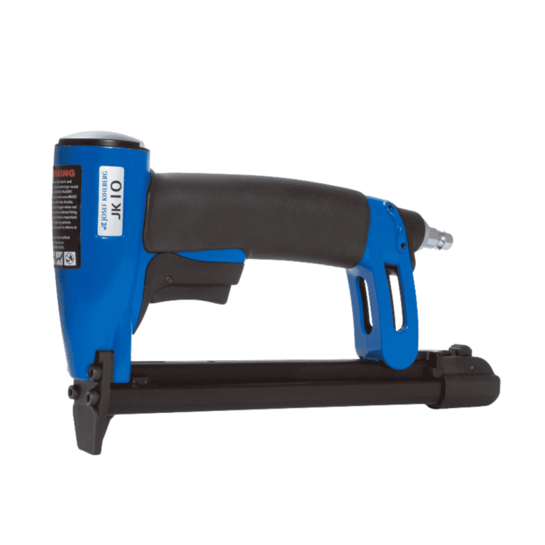 Josef Kihlberg JK10-670 fine-wire pneumatic stapler, long narrow nose and bottom-loading magazine visible; drives JK670 6–12mm staples for upholstery, fibreboard and light bench work — Air Gun Services NZ