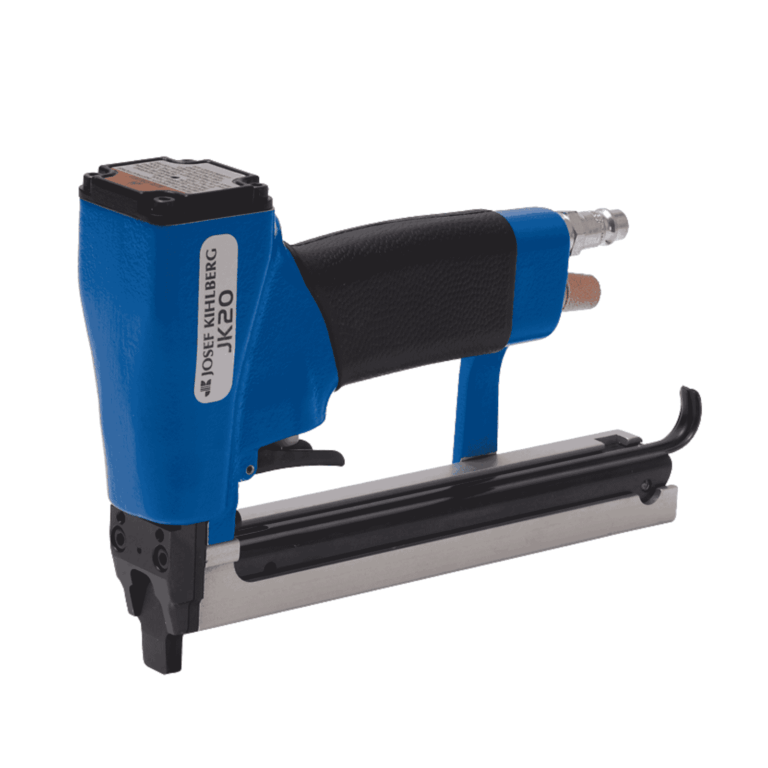 Product photo of the Josef Kihlberg JK20-670 fine-wire pneumatic stapler with top-loading magazine and slim nose; uses JK670 6–12mm staples for upholstery, furniture and fabric-to-wood fastening — Air Gun Services NZ