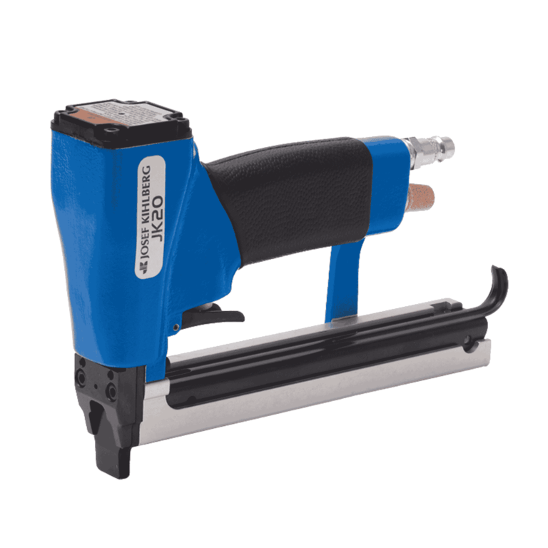 Close-up of the Josef Kihlberg JK20-680 pneumatic stapler with top-loading magazine and slim nose; uses JK680 6–14 mm staples for upholstery and furniture assembly — Air Gun Services NZ