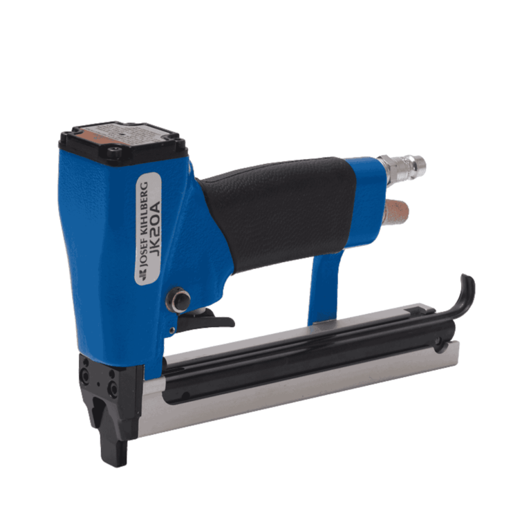 Josef Kihlberg JK20A670 automatic fine-wire pneumatic stapler, long slim nose and bottom magazine visible — drives JK670 6–12mm staples for upholstery, joinery and bench work — Air Gun Services NZ