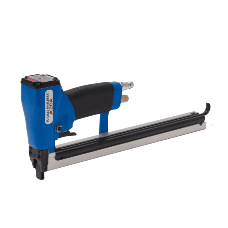 Product photo of the Josef Kihlberg JK20A670L automatic fine-wire pneumatic stapler with long magazine and slim nose — drives JK670 6–12mm staples for upholstery, cabinetry and bench work — Air Gun Services NZ