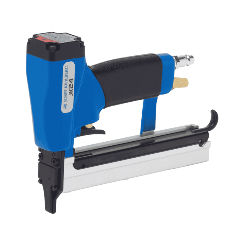 Close-up of the Josef Kihlberg JK24-690 pneumatic stapler with long narrow nose and safe top-loading magazine — drives JK690 12–19mm staples for cabinetry backs, bookshelves and drawer bottoms — Air Gun Services NZ