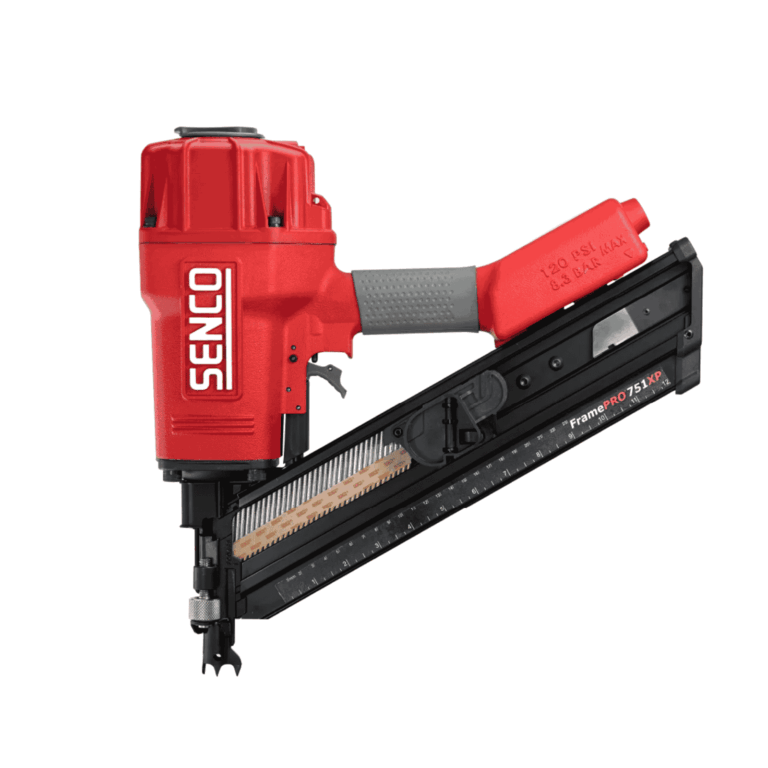 Senco FramePro 751XP 30–34° paper-tape framing nailer with tool-free depth, selective fire, rafter hook and 70-nail magazine — Air Gun Services NZ
