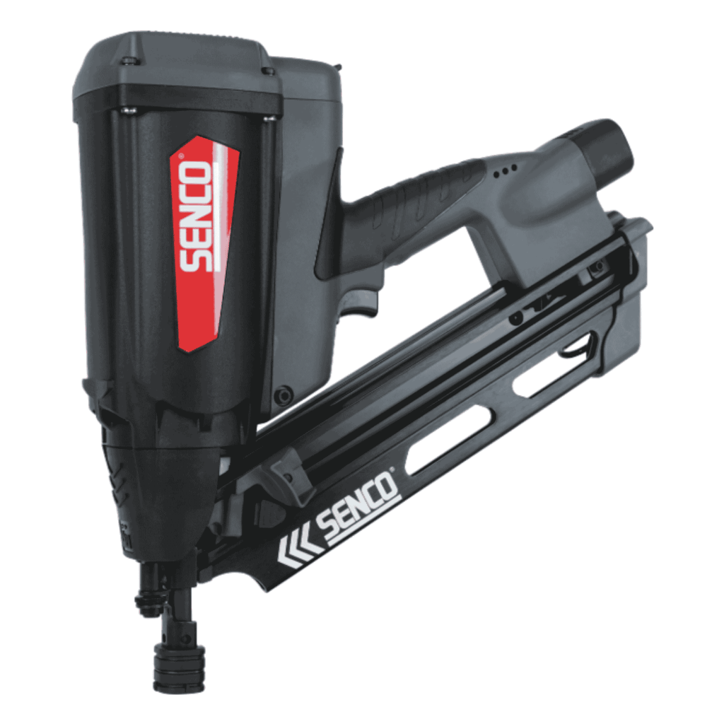 Senco SGT90i 34° gas framing nailer driving 50–90 mm paper-collated strip nails, supplied with two Li-ion batteries, probe nose and 70-nail magazine — Air Gun Services NZ