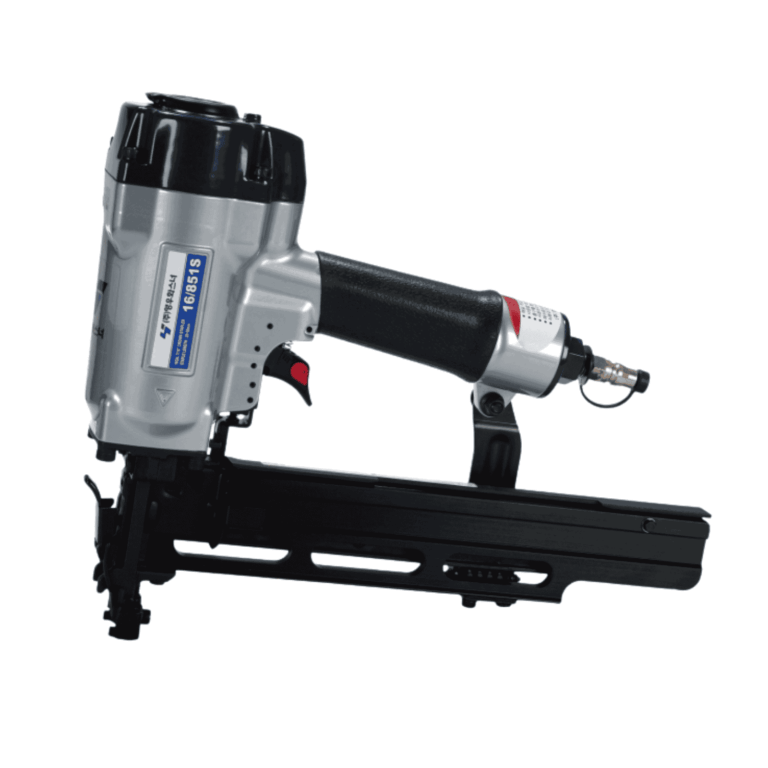 Youngwoo 16/851S 16-gauge medium-crown pneumatic stapler driving 19–50 mm staples; compact 2.1 kg body for furniture, interior trim and flooring