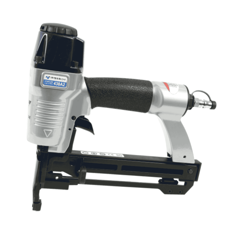 Youngwoo 438A2 18-gauge pneumatic stapler for 13–35 mm narrow-crown staples; compact 1.1 kg body for architecture, interior and furniture work — Air Gun Services NZ