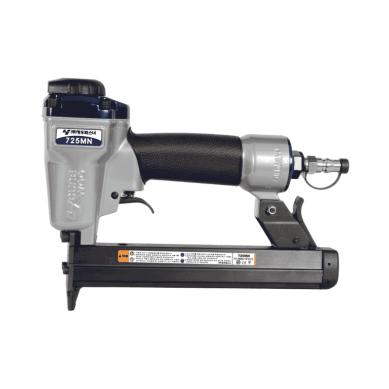 Youngwoo 725MN 18-gauge pneumatic stapler for 10–25 mm 92-series staples; compact 1.21 kg body with 24.5 × 5.2 × 17.0 cm dimensions — Air Gun Services NZ