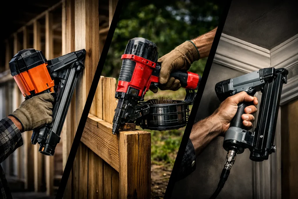 Framing nailer, coil nailer and finish nailer shown in real construction settings, illustrating how to choose the right nail gun for different jobs