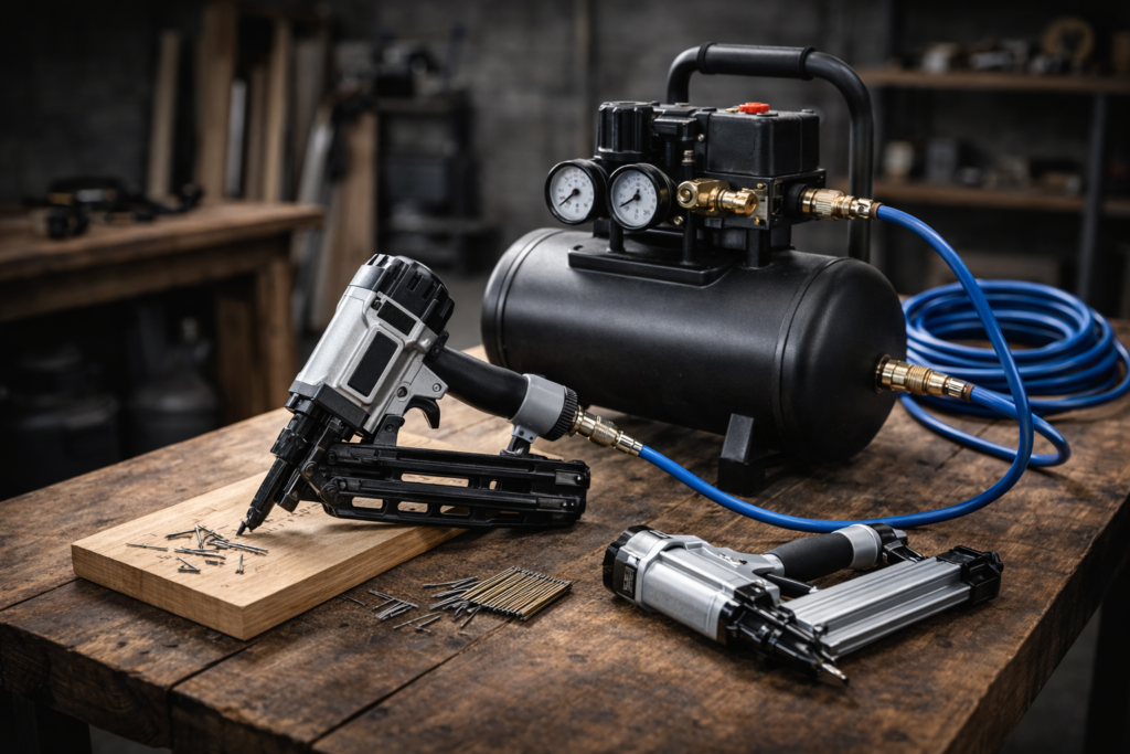 Portable air compressor for nail gun setup on a workshop bench